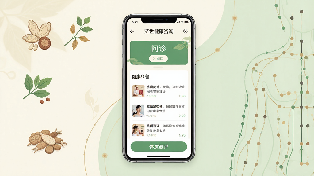 一款名为济世中医的手机应用主界面展示图,画面中央是手机屏幕,屏幕内显示中医健康咨询首页,包含问诊入口、健康科普文章列表和体质测评按钮,背景为淡雅的米白色与浅绿色调,排版简洁清晰,风格为现代扁平化设计,细节包含中医元素如草药图标和经络线条装饰,画质高清,干净,无多余元素