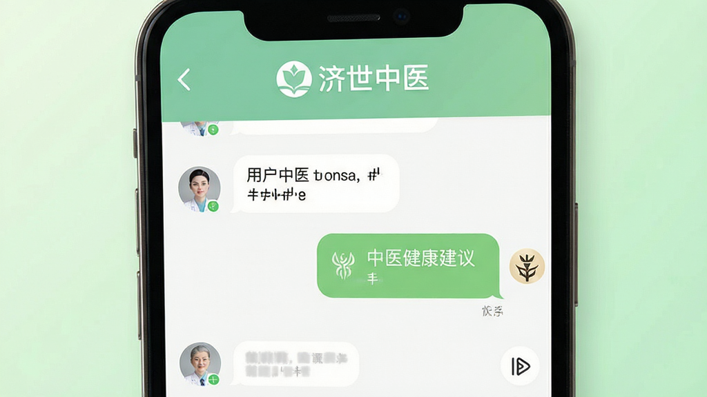 现代简约风格的中医在线咨询界面展示图,画面主体为手机屏幕,屏幕内显示济世中医应用的问诊聊天界面,左侧为用户提问气泡,右侧为中医健康建议回复气泡,屏幕上方有济世中医文字标识,背景为柔和浅绿色渐变,风格干净明快,细节包含对话图标和中医符号,画质高清,干净,无多余元素