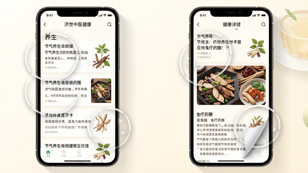济世中医健康科普内容展示图,画面为手机屏幕,屏幕内显示养生文章列表和文章详情页,文章标题包含节气养生和食疗药膳等文字,背景为暖白色调,排版整洁,风格为现代阅读类应用设计,细节包含翻页动画效果和草药插图,画质高清,干净,无多余元素