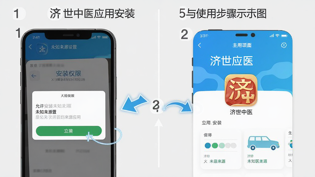 济世中医应用安装与使用步骤示意图,画面为手机屏幕展示安装权限设置界面和应用主界面,包含允许安装未知来源应用和济世中医图标等元素,背景为浅灰色,风格为教程类图解设计,细节包含箭头指示和步骤编号,画质高清,干净,无多余元素