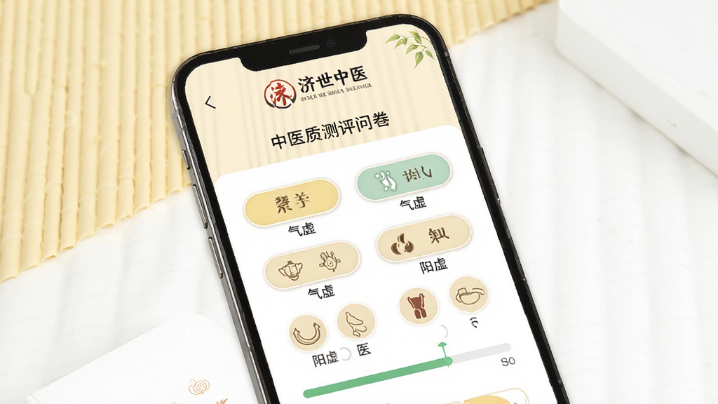 济世中医应用体质测评功能展示图,画面为手机屏幕,屏幕内显示体质测评问卷页面,包含多个选项按钮和进度条,顶部有济世中医标识,背景为淡黄色与白色搭配,风格清新素雅,细节包含中医体质分类图标如气虚、阳虚等文字标签,画质高清,干净,无多余元素