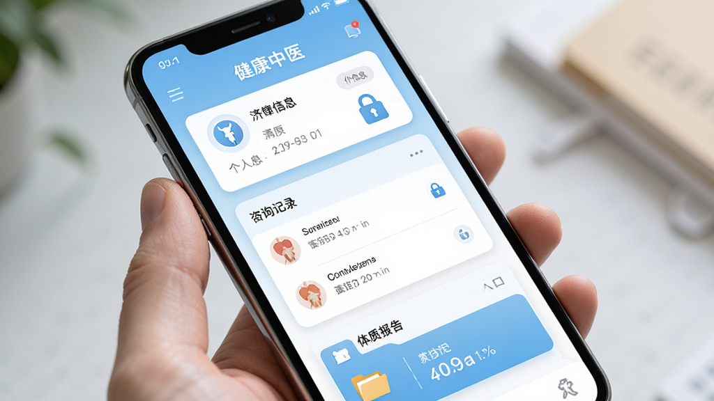 济世中医个人健康档案界面展示图,画面为手机屏幕,屏幕内显示健康档案页面,包含个人信息卡片、咨询记录列表和体质报告入口,背景为浅蓝色与白色渐变,风格为卡片式布局,细节包含锁形隐私图标和档案文件夹元素,画质高清,干净,无多余元素