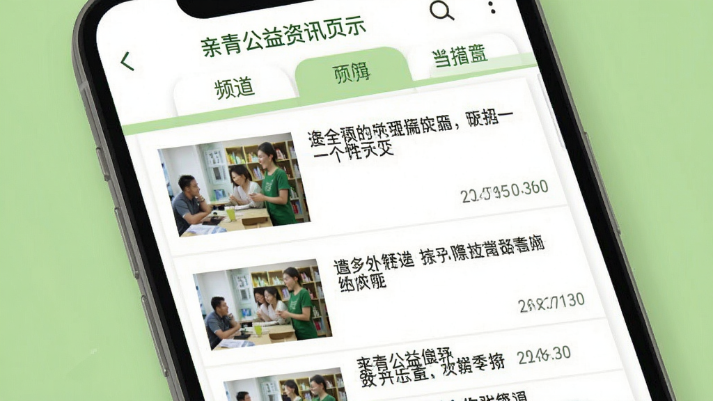 亲青公益资讯页面展示,手机屏幕内呈现新闻列表布局,每条资讯包含标题、缩略图与发布时间,页面顶部有频道切换标签,配色以白色与浅绿为主,字体清晰,排版整齐,扁平化风格,画面干净无多余元素,高清画质