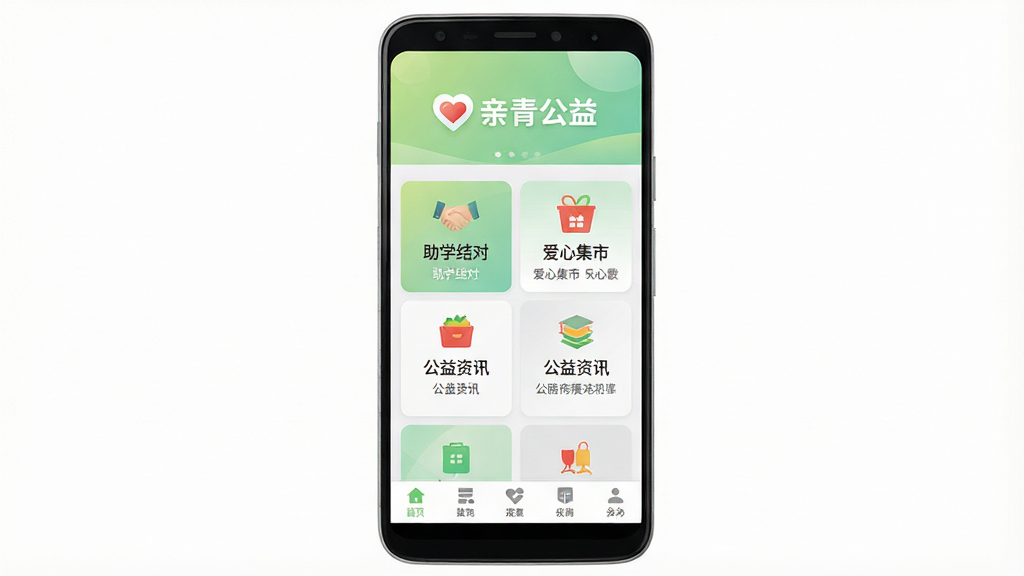 亲青公益手机应用主界面展示,画面中央是一部竖屏安卓手机,屏幕内呈现公益平台首页布局,顶部为浅绿色渐变横幅,横幅上有爱心图标与“亲青公益”文字,中部为功能卡片网格排列,包含助学结对、爱心集市、公益资讯等入口,底部为导航栏,整体配色以浅绿、白色、浅灰为主,风格清新简洁,扁平化UI设计,画面干净,无多余装饰元素,高清画质,适合下载站配图使用