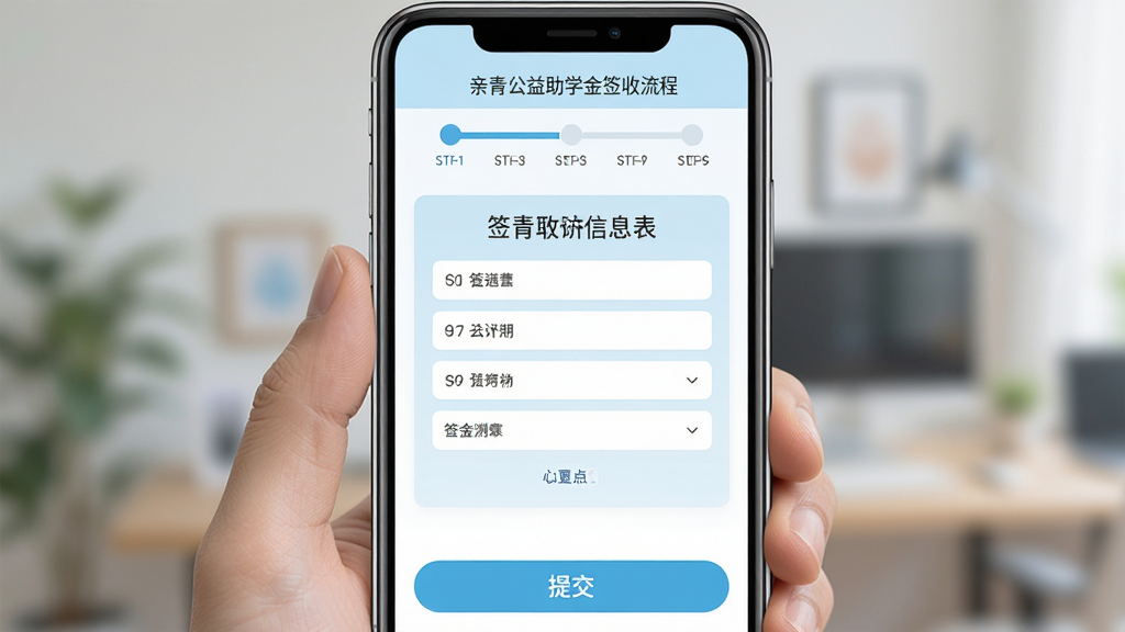 亲青公益助学金签收流程界面展示,画面为手机屏幕内显示签收步骤引导页,页面顶部有步骤进度条,中部为签收信息确认表单,底部为提交按钮,配色以浅蓝与白色为主,界面简洁明了,扁平化风格,文字清晰,画面干净无多余装饰,高清画质