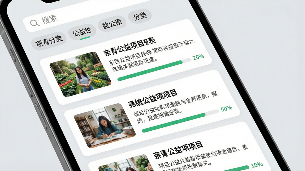 亲青公益项目列表页面展示,画面为手机屏幕特写,屏幕内呈现公益项目卡片纵向排列,每张卡片左侧为项目缩略图,右侧为项目标题、简介与进度条,卡片底色为白色,页面背景为浅灰色,顶部有搜索框与分类标签栏,整体风格清爽整洁,扁平化设计,文字清晰可读,画面干净无杂乱元素,高清画质