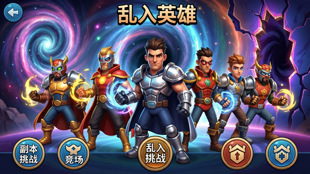 一款名为乱入英雄的手机游戏主界面截图,画面中央展示多位穿越风格的英雄角色并排站立,背景为时空漩涡与次元裂缝交织的奇幻场景,顶部显示游戏名称乱入英雄,底部排列副本挑战竞技场公会等圆形功能按钮,整体风格为美式卡通渲染,色彩鲜艳对比强烈,细节包括角色服饰的金属反光与技能特效光晕,画质清晰干净无多余元素