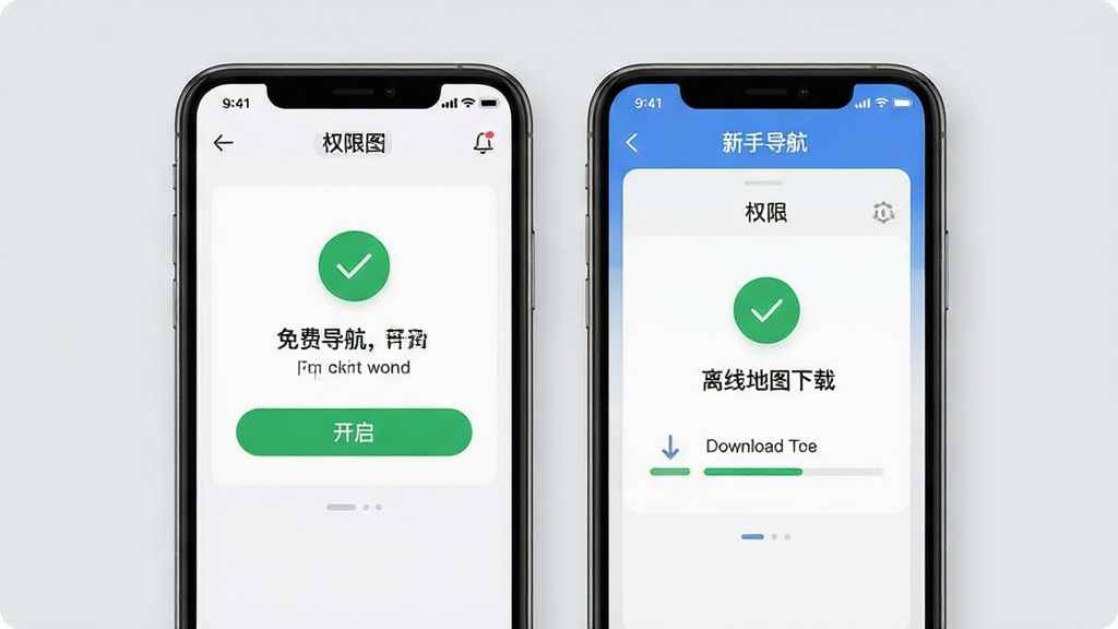 高图地图免费导航新手设置引导界面展示图,手机屏幕显示权限开启与离线地图下载页面,画面中有对勾图标与下载进度条,背景简洁浅灰,风格清爽,细节清晰,画质干净,无多余元素