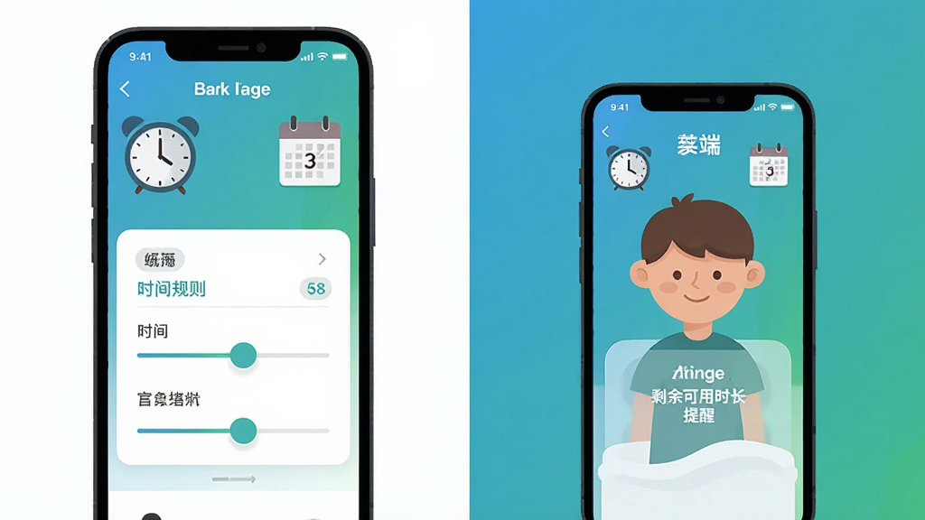 家长管家孩子端 时间管理设置界面 主体为家长手机与孩子手机并排展示 布局左右对照 左侧家长端显示时间规则滑块 右侧孩子端显示剩余可用时长提醒 排版简洁 风格为扁平化插画 细节包含时钟图标 日历标签 蓝绿渐变背景 画质高清 干净 无多余元素