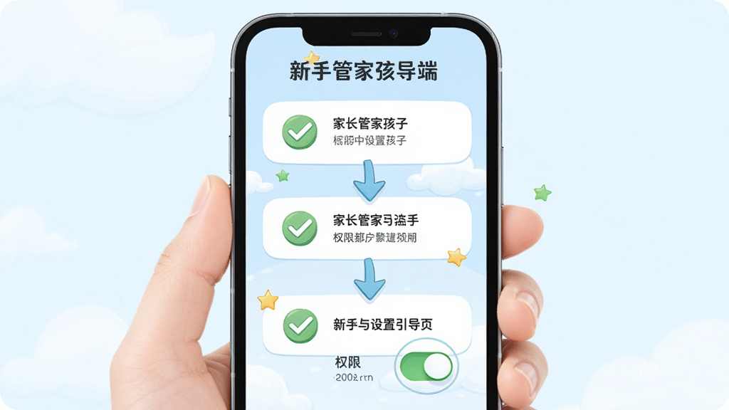 家长管家孩子端 新手设置引导页 主体为手机屏幕中的步骤指引 布局为纵向三步走 排版清晰 风格为插画风 细节包含勾选图标 箭头引导 权限开关示意 浅色背景 画质高清 干净 无多余元素
