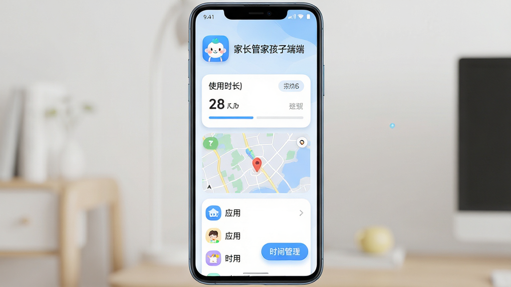 家长管家孩子端 手机屏幕展示 亲子管控界面 主体为一部竖屏安卓手机 布局居中 上方显示家长管家孩子端应用图标与名称 中间为使用时长统计卡片和位置地图缩略图 下方为应用列表与时间管理按钮 排版清晰分层 风格为清爽科技风 细节包含圆角卡片 柔和阴影 淡蓝与白色主色调 画质高清 干净 无多余元素