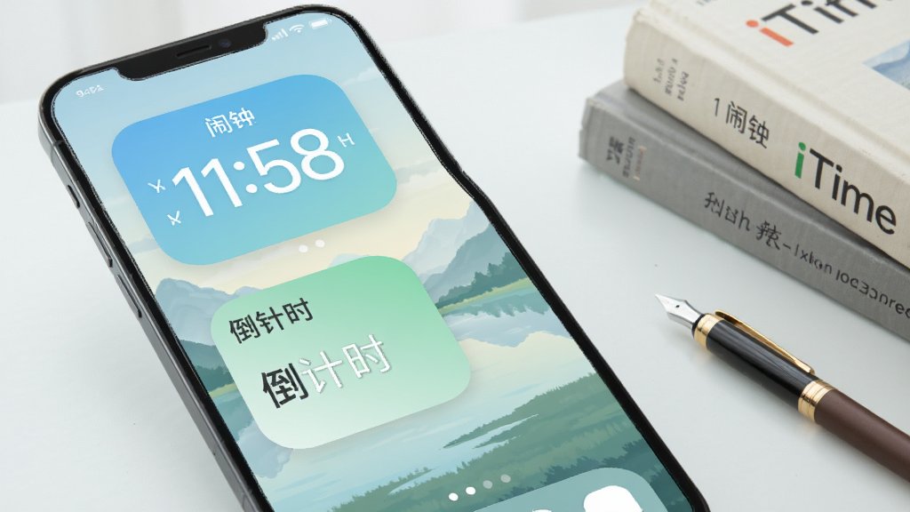 手机桌面展示iTime手机闹钟的多种小组件,包括时钟组件、闹钟组件、倒计时组件,组件风格统一为圆角矩形,配色清新,桌面壁纸为淡雅风景图,旁边放着几本书和一支笔,整体画面整洁有序,画质清晰,干净无多余元素