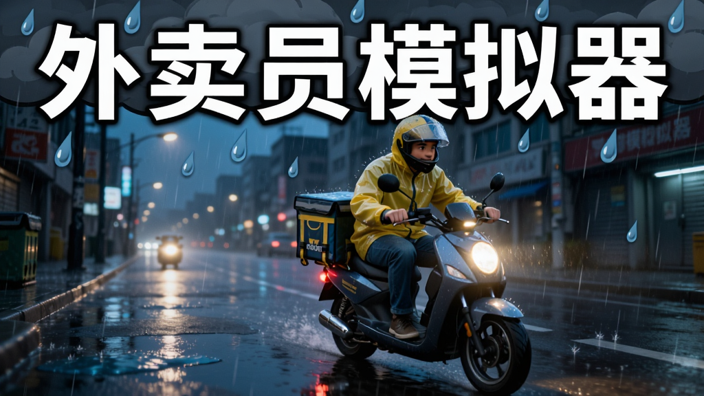 画面主体是雨夜中的外卖骑手在湿滑街道上骑行,布局为远景街道与近景摩托车,排版上方是乌云和雨滴,风格为写实卡通混合,细节包括雨衣、车灯反光、积水路面,画质清晰干净,画面中可加入文字“外卖员模拟器”