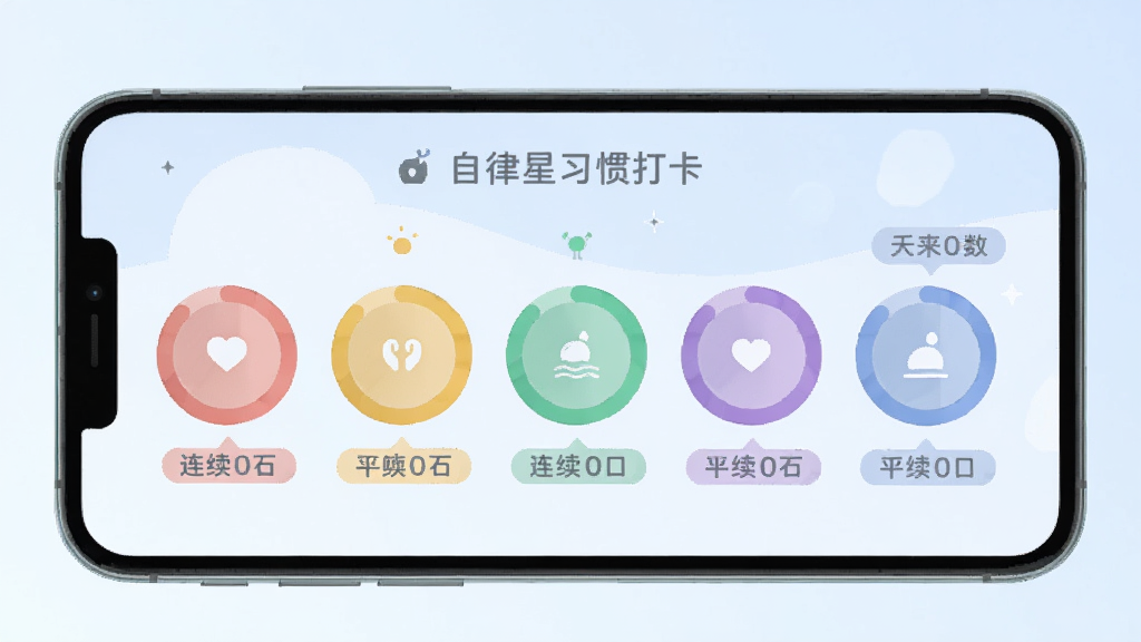 自律星习惯打卡界面,画面中手机屏幕显示一排彩色圆环进度条,每个圆环代表一个习惯,旁边有连续打卡天数的数字标签,背景是淡蓝色渐变,风格扁平化设计,排版工整,画质清晰,色彩柔和,无杂乱元素