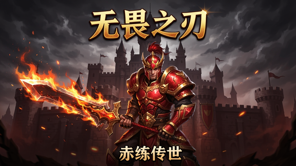 画面中央是一位身穿赤红色铠甲的战士角色,手持燃烧着火焰的巨剑,身后是宏伟的沙巴克城堡轮廓,画面采用竖版手机游戏海报构图,上方用金色大字写着“无畏之刃”,下方用白色小字写着“赤练传世”,整体风格为热血传奇类游戏宣传画,色调以暗红与深金为主,细节包括铠甲纹理、火焰粒子与天空中的乌云,画质高清,干净,无多余元素