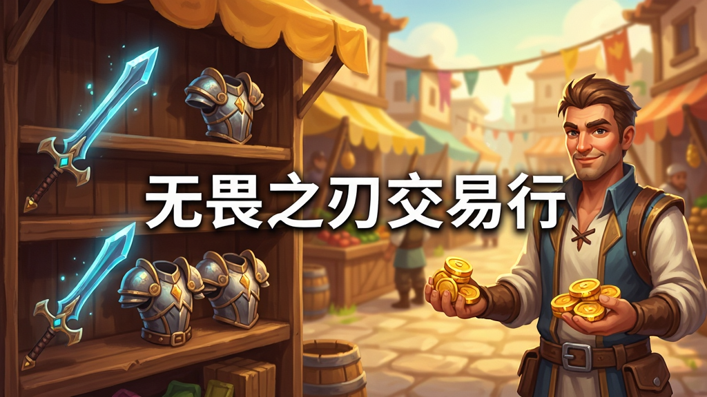画面展示一个游戏内的交易市场界面,左侧货架上摆放着发光的武器和铠甲,右侧是一个手持金币的商人角色,背景是热闹的古代集市,画面中央用白色文字写着“无畏之刃交易行”,整体风格为游戏UI场景展示图,色调温暖明亮,画质高清,干净,无多余元素