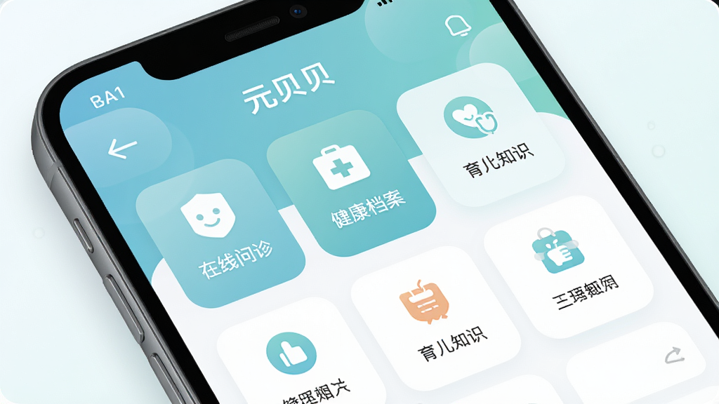 元贝贝应用主界面展示,主体为一部智能手机,屏幕显示元贝贝APP的首页,包含在线问诊、健康档案、育儿知识等模块图标,布局清晰,排版简洁,风格为现代医疗健康类APP界面,细节包括柔和的蓝绿色调、圆角卡片设计、清晰的文字标签,画质高清,干净,无多余元素