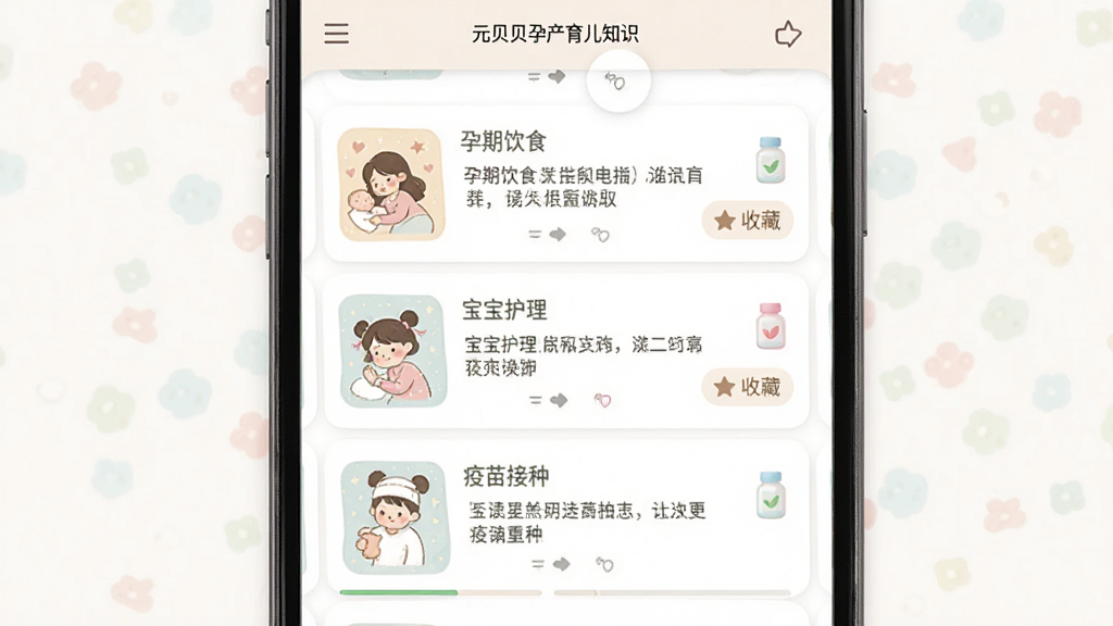 元贝贝孕产育儿知识页面,主体为手机屏幕展示知识文章列表,包含孕期饮食、宝宝护理、疫苗接种等分类标签,布局为上下滑动信息流,排版整齐,风格清新温和,细节有插图、阅读进度条、收藏按钮,画质清晰,干净,无多余元素