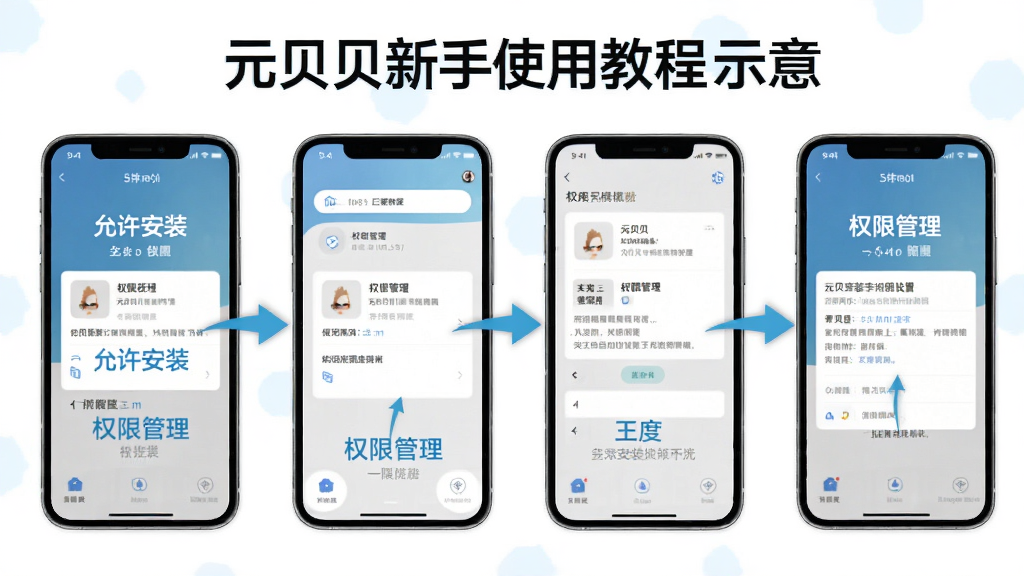 元贝贝新手使用教程示意图,主体为手机屏幕展示安装权限设置界面,布局为分步截图排列,排版清晰,风格为教程说明类图片,细节有箭头指示、文字标注「允许安装」「权限管理」,画质高清,干净,无多余元素