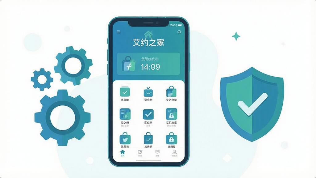 一张展示“艾约之家”软件在手机端运行流畅的示意图,画面主体为一部手机,屏幕显示软件主界面,旁边有一些抽象的齿轮和盾牌图标代表系统优化与安全,布局为左中右结构,风格为扁平化插画风,配色以蓝绿色调为主,细节上图标简洁明了,背景干净,画质清晰,无多余文字