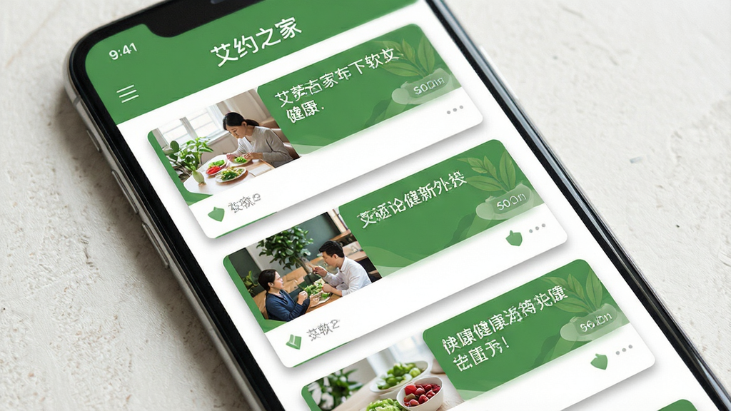 一张“艾约之家”软件内健康资讯列表页面的特写图,画面主体是一部手机,屏幕中显示多张图文并茂的健康文章卡片,卡片上有标题和缩略图,布局为单列纵向排列,风格清新自然,配色以绿色和白色为主,细节上卡片带有轻微的阴影效果,背景为干净的浅色纹理,画质清晰,无杂乱元素