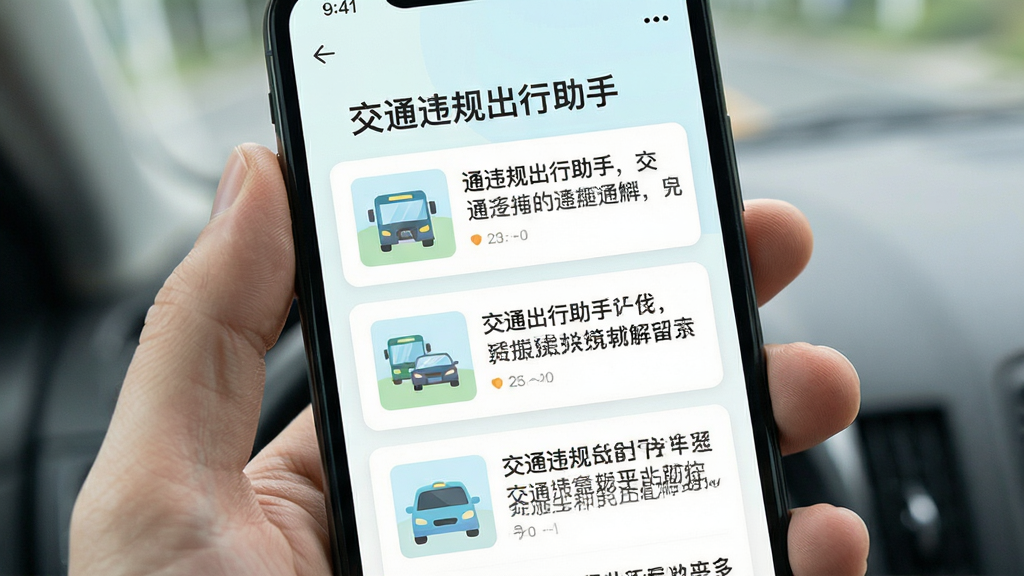 交通违规出行助手出行资讯页面,手机屏幕展示交通规则解读文章列表,页面布局为卡片式设计,风格清新浅色,细节丰富,画质干净,画面中有文字