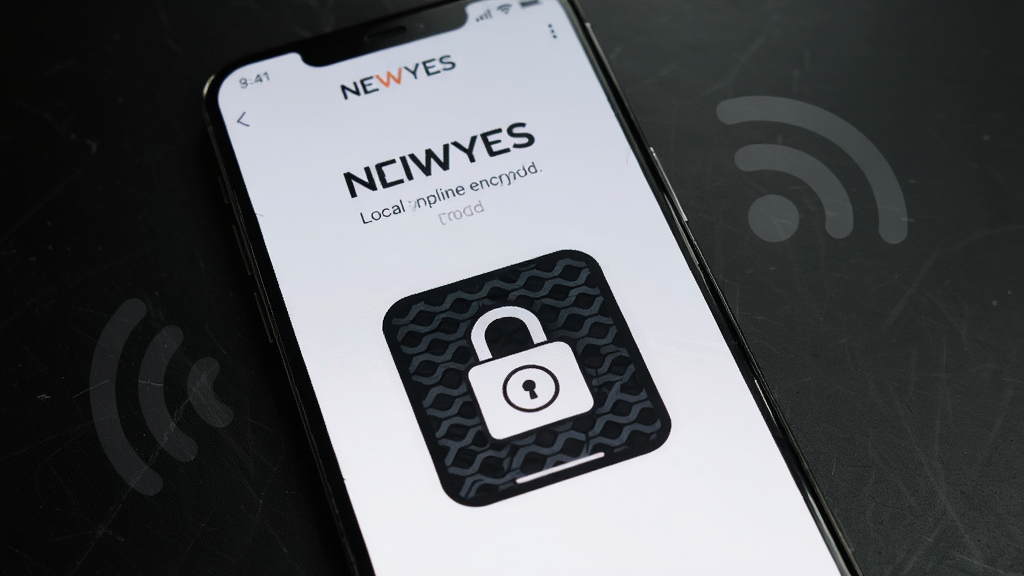 画面主体为一部手机放置在深色桌面上,屏幕显示NEWYES应用的离线模式提示与本地加密锁图标,背景有微弱的无线网络断开符号,布局为手机特写居中,风格沉稳安全科技感,细节包括锁形图标与加密纹理,画质高清,干净,无多余元素