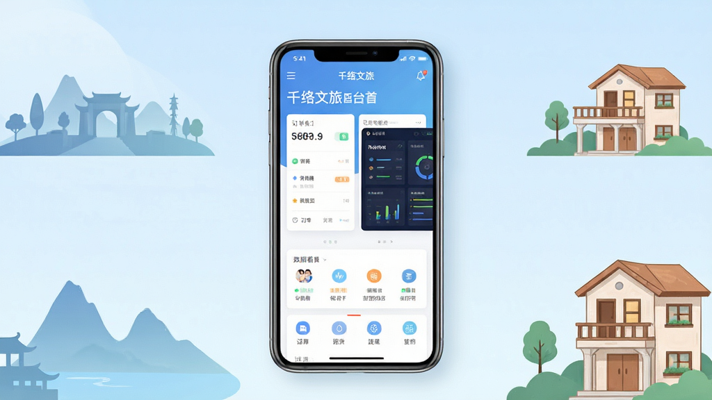 千络文旅手机应用主界面展示,画面中央放置一部智能手机,屏幕显示千络文旅商家后台首页,包含订单卡片、数据看板与功能图标,背景为淡蓝色渐变,四周点缀景区剪影与民宿建筑简笔插画,整体风格清新商务,排版简洁,文字清晰,画质干净无多余元素