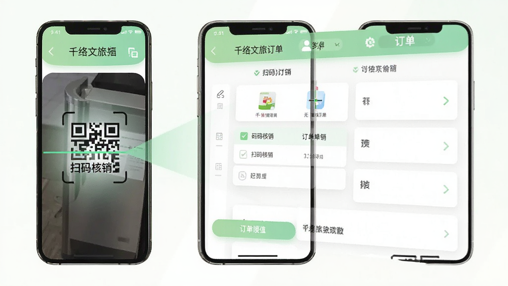 千络文旅订单核销界面,手机屏幕显示扫码核销与订单列表,画面中有二维码扫描示意,背景为浅绿色与白色搭配,风格清爽,排版整齐,文字为中文,画质干净,无多余元素
