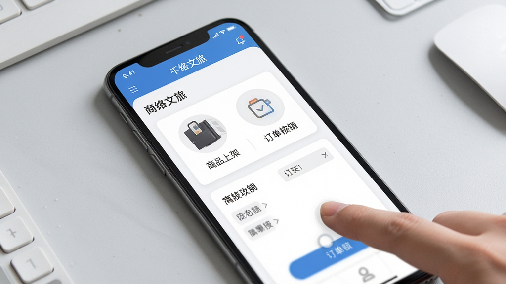 千络文旅移动端管理界面,手机屏幕展示商品上架与订单核销功能,画面中有手指点击操作示意,背景为浅灰色工作台,风格简洁现代,排版清晰,文字为中文界面,画质干净,无多余装饰