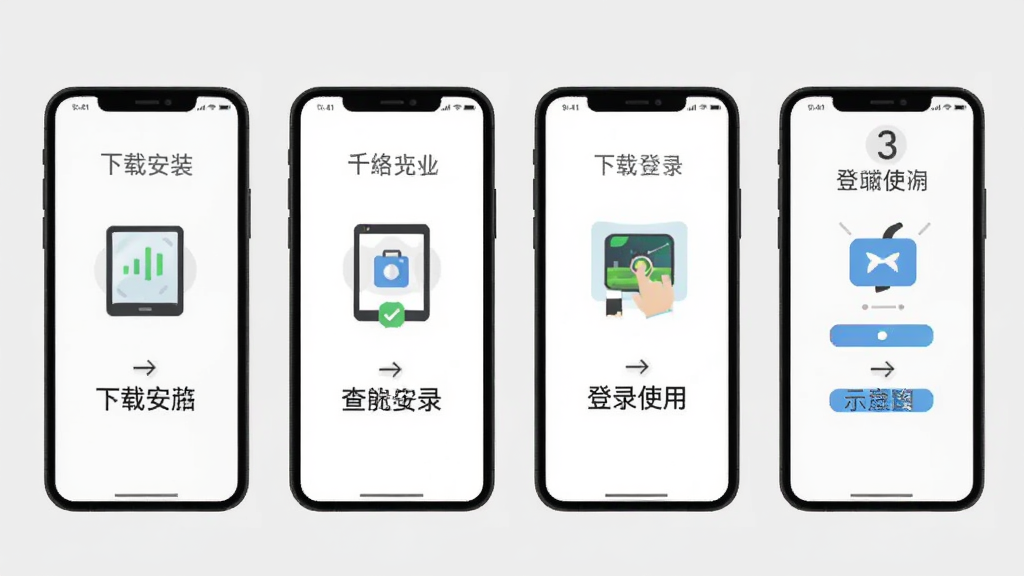 千络文旅操作教程示意图,画面展示手机屏幕从下载安装到登录使用的四个步骤,每个步骤配有简洁图标与文字说明,背景为浅灰色,风格扁平化,排版从左到右依次排列,文字为中文,画质干净,无多余元素