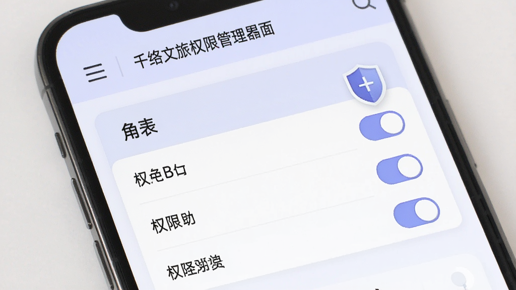 千络文旅权限管理界面,手机屏幕显示角色列表与权限开关,画面中有盾牌图标与勾选选项,背景为浅紫色与白色搭配,风格专业稳重,排版规整,文字为中文,画质干净,无多余元素