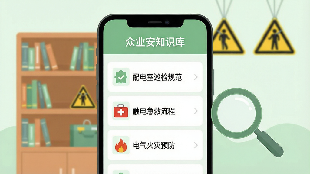 手机屏幕显示“众业安”安全知识库页面,列表包含“配电室巡检规范”“触电急救流程”“电气火灾预防”等条目;背景为书架与安全标识;布局为竖向手机界面展示,旁边有放大镜图标;风格为扁平化学习类插画,浅绿与白色搭配;细节包括屏幕上的中文标题“众业安知识库”;画质清晰,干净,无多余元素。
