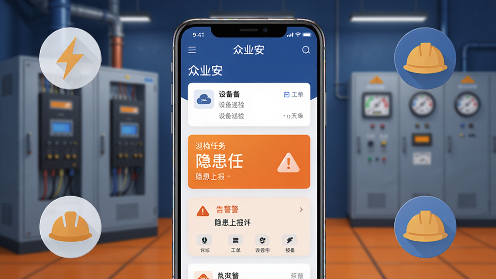 画面中央是一部智能手机,屏幕显示“众业安”应用主界面,界面包含设备列表、巡检任务卡片和告警提示;背景为简洁的工业配电房场景,有配电柜和仪表盘;布局采用竖版手机展示,周围环绕扁平化图标代表电力、工单、安全帽;风格为现代科技感写实插画,色调以深蓝和亮橙为主;细节包括屏幕上的中文文字“众业安”“设备巡检”“隐患上报”,手机边缘有轻微反光;画质清晰,干净,无多余元素。