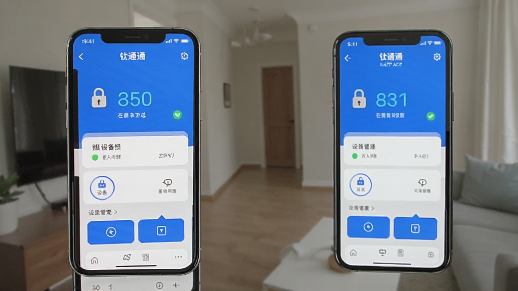 一张展示锁通通APP在手机上运行流畅的界面截图,画面中手机屏幕显示门锁管理首页,有设备在线状态和快捷操作按钮,背景为室内环境,风格真实,细节清晰,画质干净,无多余元素