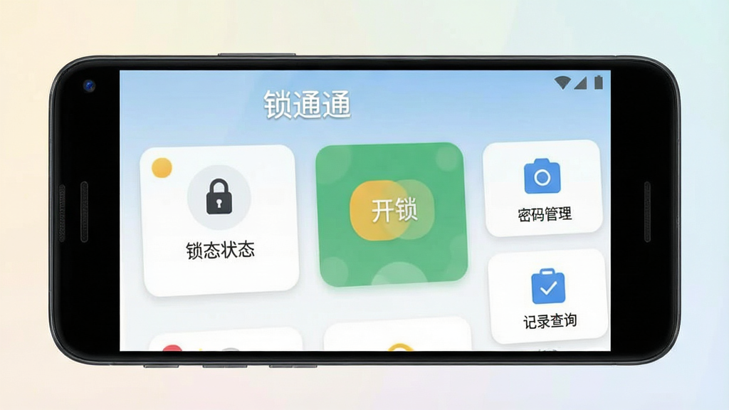一张展示锁通通软件主界面的手机截图,画面中央是一部安卓手机,屏幕显示锁通通APP的首页,顶部有“锁通通”文字标识,界面包含门锁状态卡片、开锁按钮、密码管理入口和记录查询图标,背景为浅色渐变,风格简洁现代,细节清晰,画质干净,无多余元素