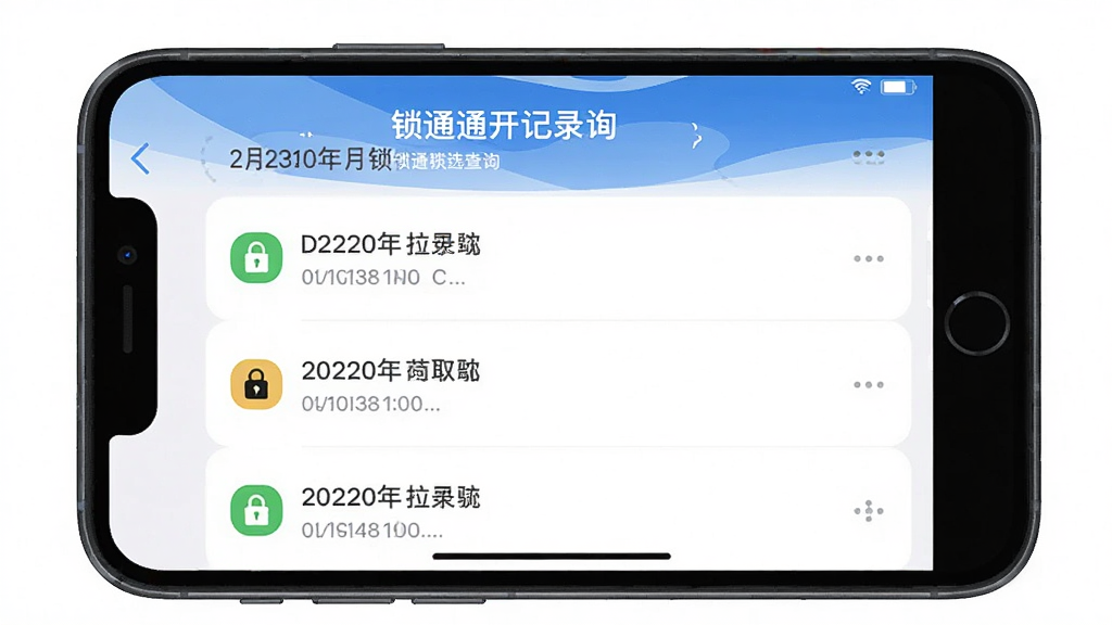 一张展示锁通通开锁记录查询界面的手机截图,画面中手机屏幕显示按时间排列的开锁记录列表,包含日期、时间和开锁方式图标,界面设计清爽,风格简约,细节清晰,画质干净,无多余元素