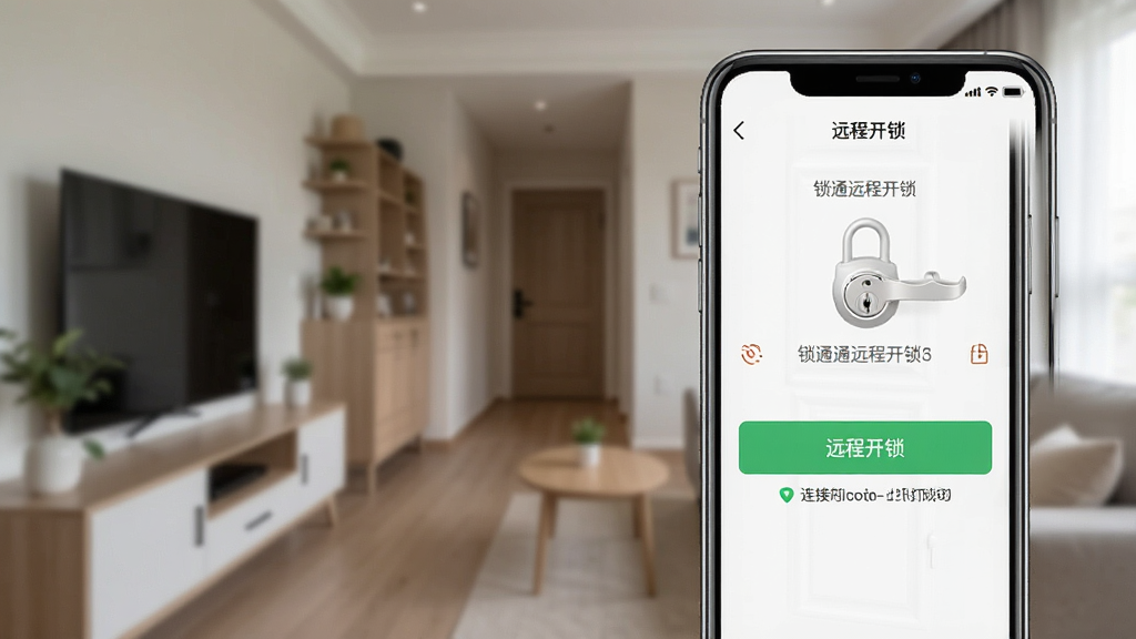 一张展示锁通通远程开锁功能的界面截图,画面中手机屏幕显示门锁已打开状态,有“远程开锁”按钮和连接成功的提示,背景为居家环境,风格写实,细节清晰,画质干净,无多余元素