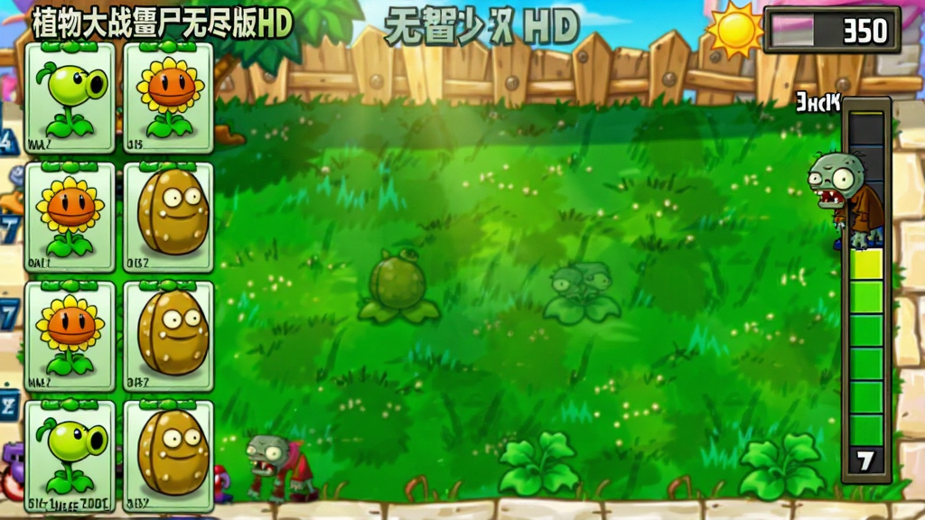 植物大战僵尸无尽版HD游戏主界面截图,画面中央是阳光明媚的后院草坪,左侧排列着豌豆射手、向日葵、坚果墙等植物卡片,右侧显示僵尸波次进度条,顶部有阳光数量显示,整体风格卡通鲜艳,画质清晰干净,无多余元素,标题文字为“植物大战僵尸无尽版HD”