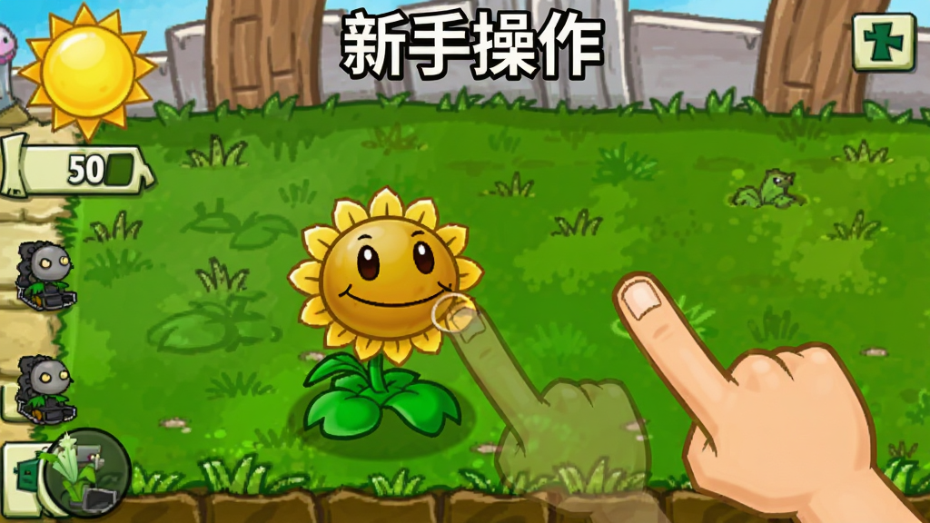 植物大战僵尸无尽版HD新手操作界面,画面显示手指拖拽向日葵种植到草坪上,阳光数值为50,界面简洁,卡通风格,画质清晰,标题文字为“新手操作”