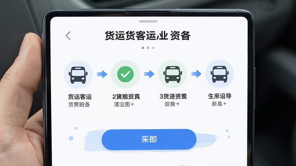 主体为手机屏幕展示“货运客运从业资格”新手引导页面,布局为分步图示与文字说明,排版简洁,风格为友好引导类App设计,细节包括箭头指引、勾选图标、蓝色按钮,画质高清干净无多余元素