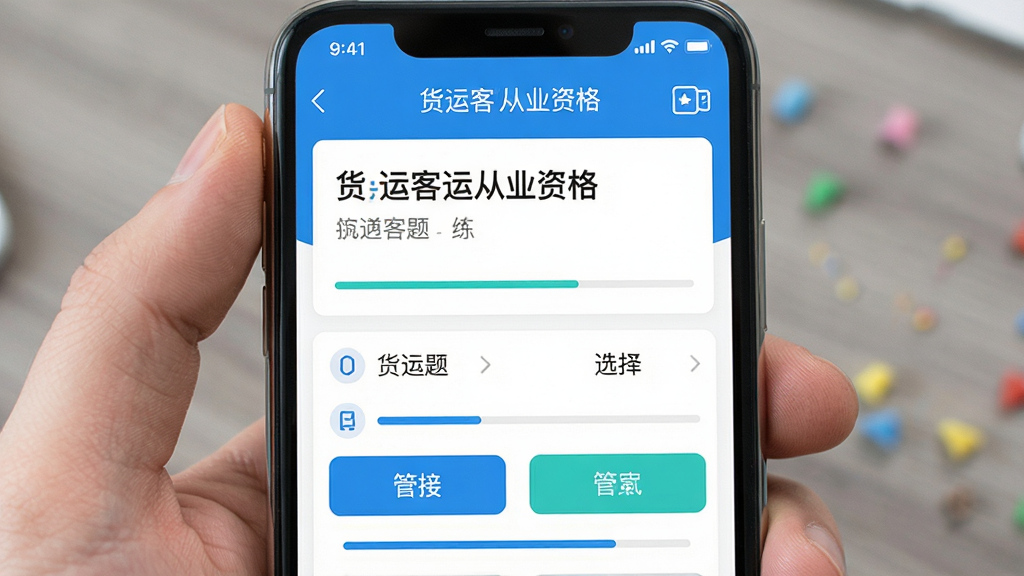 主体为手机屏幕展示“货运客运从业资格”题库练习界面,布局为上方题目区域下方选项按钮,排版整齐,风格为清新教育类App设计,细节包括选择题选项、进度条、答题卡图标,画质高清干净无多余元素