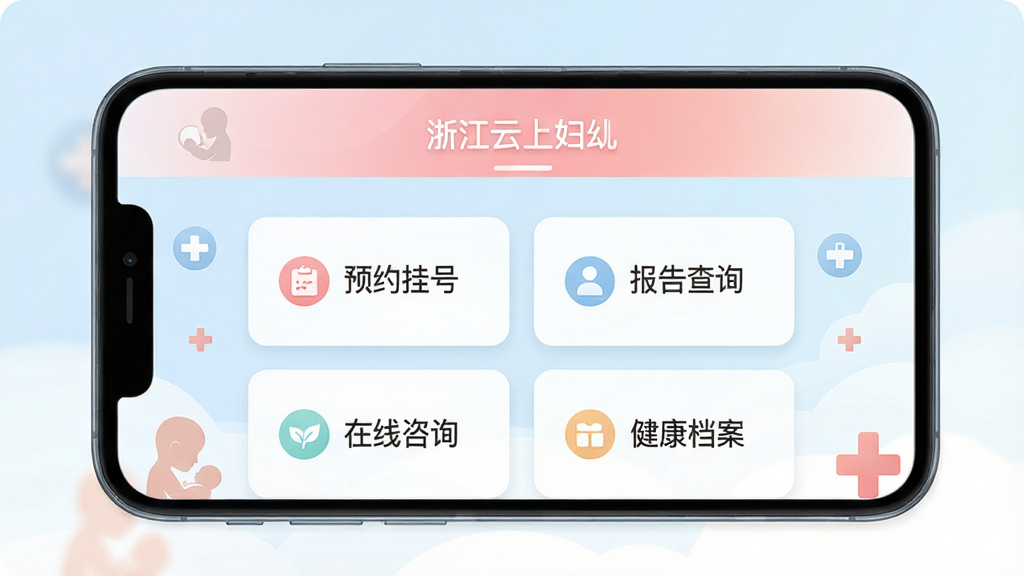 手机屏幕中展示浙江云上妇幼应用主界面,页面顶部为淡粉色渐变导航栏,中部排列预约挂号、报告查询、在线咨询、健康档案四个功能卡片,背景为柔和的浅蓝与白色渐变,周围点缀母婴剪影和医疗十字图标,整体风格清新温暖,扁平化设计,画面干净整洁,无多余元素,高清画质
