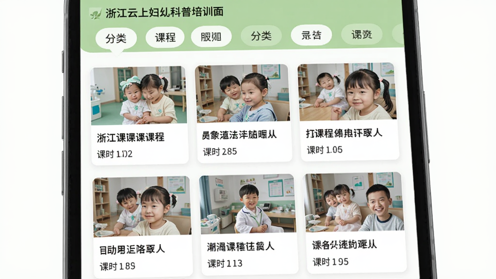 浙江云上妇幼科普培训页面,手机屏幕展示课程列表,每门课程配有封面图、标题和课时信息,顶部有分类标签栏,界面以浅绿色和白色为主,卡片式布局,风格清新,扁平化设计,高清画质,无多余元素