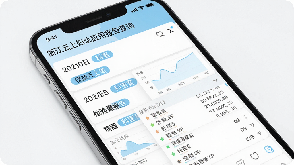浙江云上妇幼应用报告查询界面,手机屏幕展示检验报告列表,每项报告带有日期和科室标签,点击后展开详细指标数据,界面以白色和浅蓝色为主,图表清晰,字体规整,扁平化设计风格,画面干净,高清画质