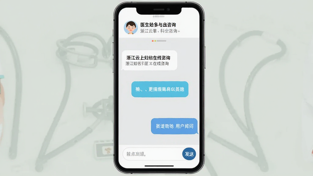 浙江云上妇幼在线咨询界面,手机屏幕显示聊天对话框,左侧为医生回复气泡,右侧为用户提问气泡,顶部显示医生姓名与科室,背景为浅灰色,底部有输入框和发送按钮,界面简洁友好,扁平化风格,高清画质,无多余元素