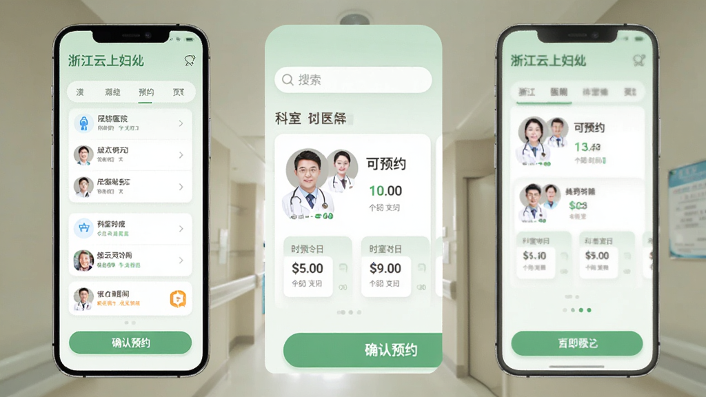 浙江云上妇幼应用预约挂号页面,手机屏幕显示医院列表与科室选择界面,淡绿色主色调,卡片式布局,顶部有搜索框,中部展示医生头像与可预约时间段,底部有确认预约按钮,界面清爽,扁平化风格,高清画质,无多余元素