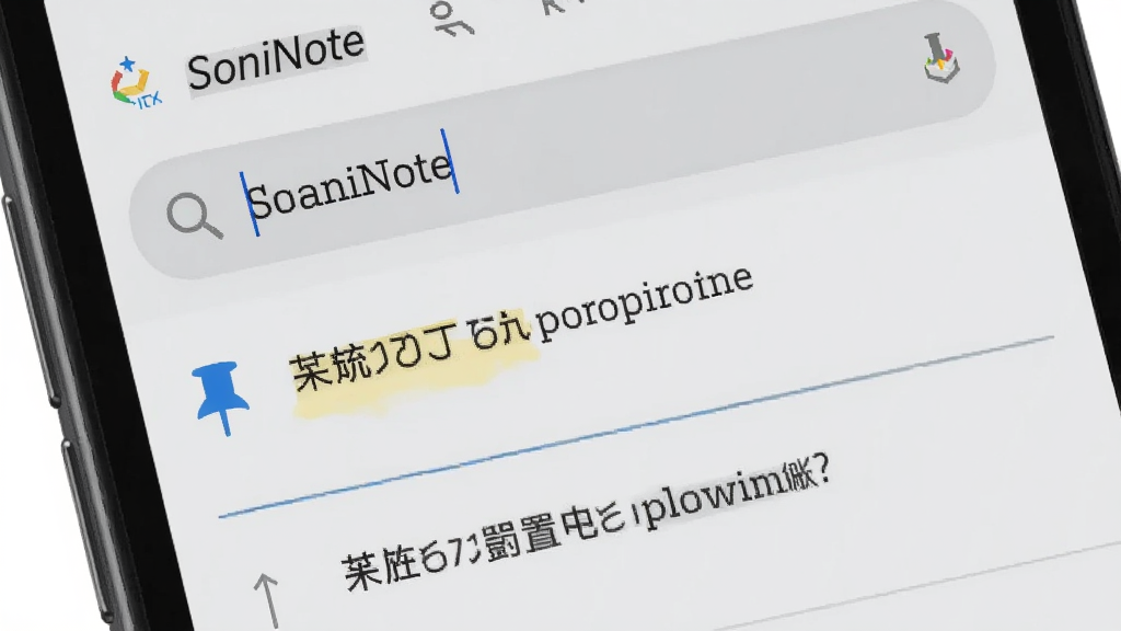 一部手机显示SoniNote搜索界面,搜索框内有文字输入,下方显示匹配的笔记结果列表,其中一条笔记带有置顶图钉图标,背景为浅灰色,风格为移动应用界面展示,细节包括搜索高亮关键词、置顶图标颜色、列表分割线,画质清晰,干净,无多余元素