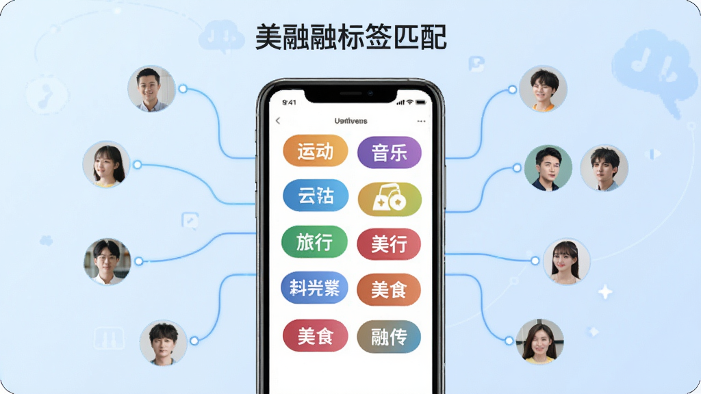 一张美融融兴趣标签匹配功能的示意图,画面中心是手机屏幕显示多个彩色兴趣标签如运动、音乐、旅行、美食等,周围有连线指向不同用户头像,背景为淡蓝色渐变,风格科技感与清新感结合,布局对称,画质干净清晰,图片中文字标注为“美融融标签匹配”