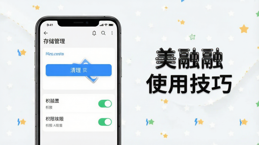 一张展示手机清理缓存和权限设置界面的示意图,画面中手机屏幕显示存储管理页面,有清理按钮和权限开关,背景为浅色简洁风格,布局清晰,画质干净,图片中文字标注为“美融融使用技巧”